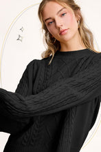 Black Sesame Soft Ribbed Crew Neck Cable Knit Sweater