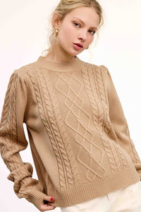 Crumb Cake Sesame Soft Ribbed Crew Neck Cable Knit Sweater