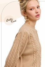 Crumb Cake Sesame Soft Ribbed Crew Neck Cable Knit Sweater