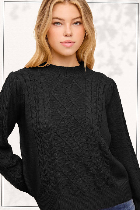 Black Sesame Soft Ribbed Crew Neck Cable Knit Sweater