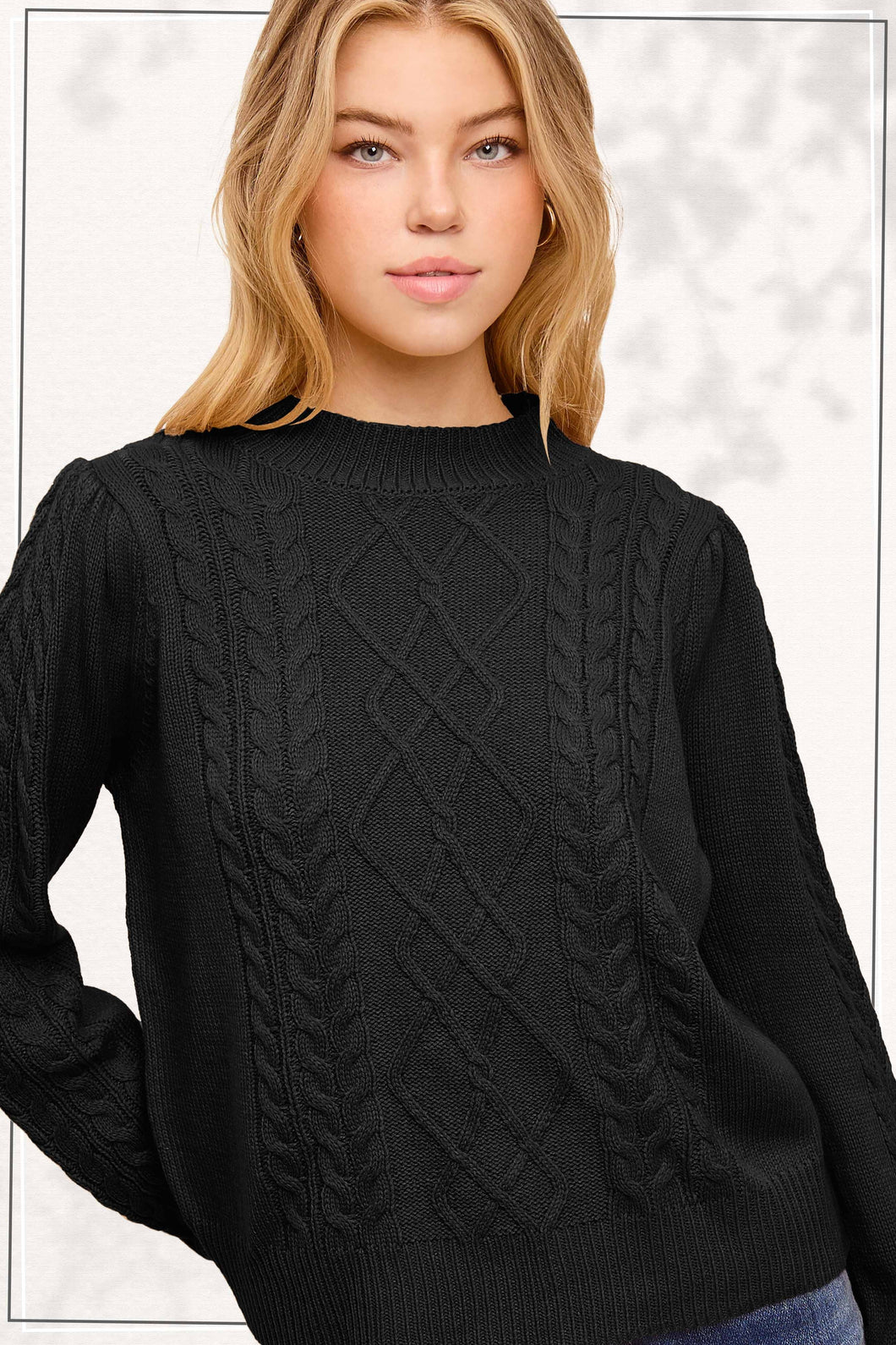 Black Sesame Soft Ribbed Crew Neck Cable Knit Sweater