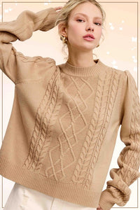 Crumb Cake Sesame Soft Ribbed Crew Neck Cable Knit Sweater