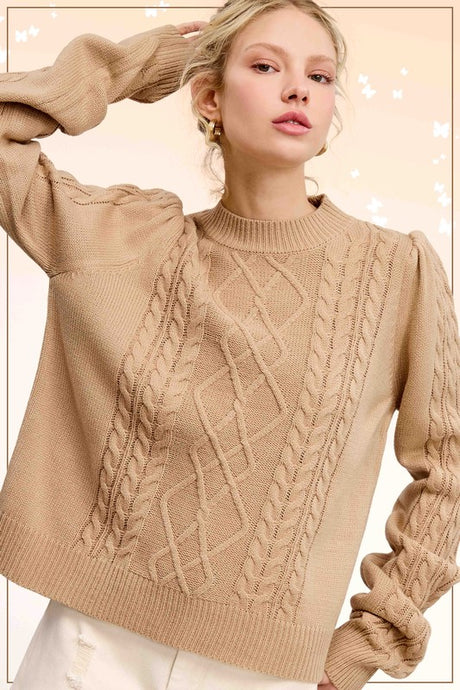 Crumb Cake Sesame Soft Ribbed Crew Neck Cable Knit Sweater