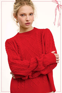 Candy Cane Sesame Soft Ribbed Crew Neck Cable Knit Sweater