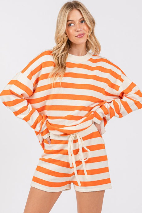Orange/White Striped Sweater Long Sleeve And Shorts Set