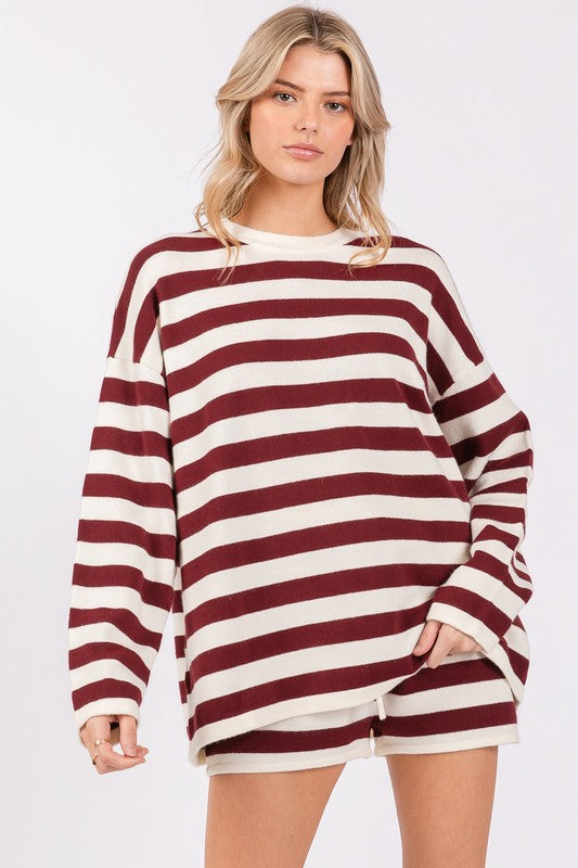 Burgundy/White Striped Sweater Long Sleeve And Shorts Set