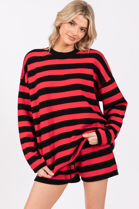Red/Black Striped Sweater Long Sleeve And Shorts Set