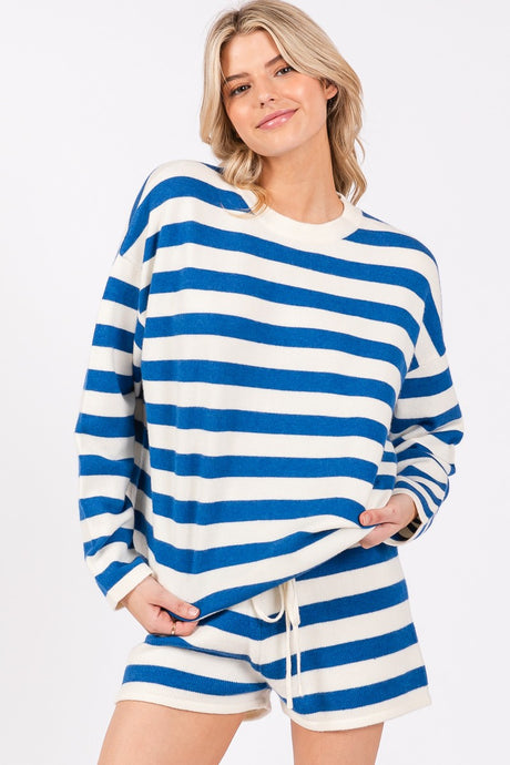 Blue/White Striped Sweater Long Sleeve And Shorts Set