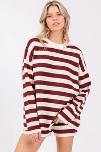 Burgundy/White Striped Sweater Long Sleeve And Shorts Set