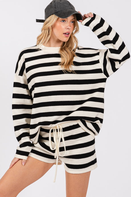 Black/White Striped Sweater Long Sleeve And Shorts Set