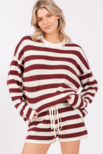 Burgundy/White Striped Sweater Long Sleeve And Shorts Set
