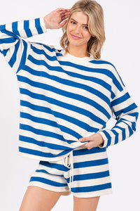 Blue/White Striped Sweater Long Sleeve And Shorts Set