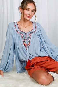 Blue Square Neck Tie With Tassel Embroidered Top