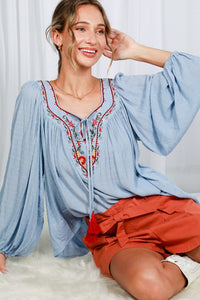 Blue Square Neck Tie With Tassel Embroidered Top