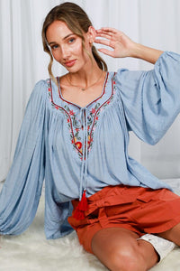 Blue Square Neck Tie With Tassel Embroidered Top