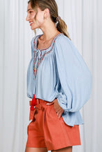 Blue Square Neck Tie With Tassel Embroidered Top