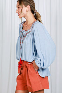 Blue Square Neck Tie With Tassel Embroidered Top
