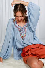 Blue Square Neck Tie With Tassel Embroidered Top