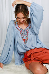 Blue Square Neck Tie With Tassel Embroidered Top