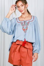 Blue Square Neck Tie With Tassel Embroidered Top