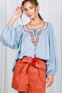 Blue Square Neck Tie With Tassel Embroidered Top