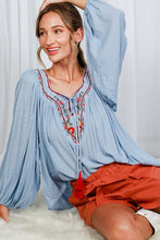 Blue Square Neck Tie With Tassel Embroidered Top