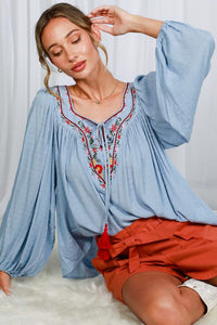 Blue Square Neck Tie With Tassel Embroidered Top