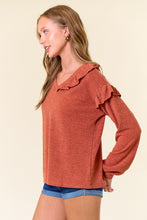 Rust Mir Hacci V-Neck Puff Long Sleeve Ruffled Top