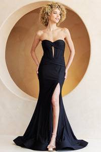 Black Twisted Pleat Illusion Design Stretch Sheath Gown