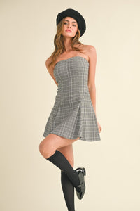 Grey Strapless Stretch Plaid A-Line Mini Dress