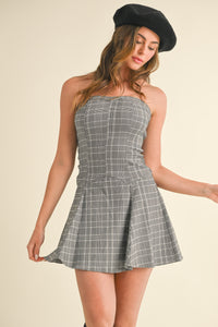 Grey Strapless Stretch Plaid A-Line Mini Dress