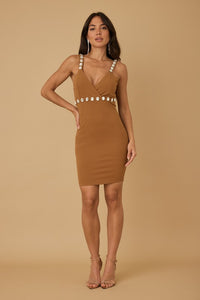 Cognac Jewel Stone Around Deep Cut Short Dress