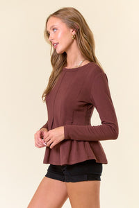 Chocolate Soft Fleece Knit Round Neck Pintuck Peplum Top