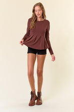 Chocolate Soft Fleece Knit Round Neck Pintuck Peplum Top