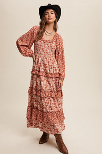 Rust Contrast Floral Print Ruffle Tiered Maxi Dress