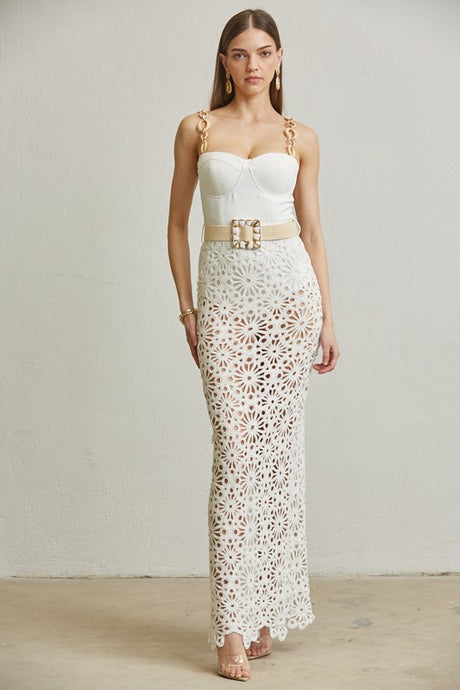 White Crochet Knit Pattern Maxi Dress