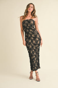 Black/Nude Ruched Lace Straples Midi Dress