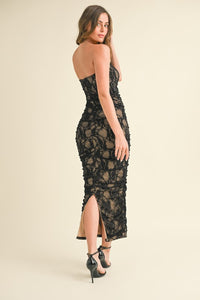 Black/Nude Ruched Lace Straples Midi Dress