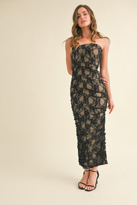 Black/Nude Ruched Lace Straples Midi Dress