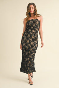 Black/Nude Ruched Lace Straples Midi Dress