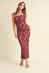 Plum/Nude Ruched Lace Straples Midi Dress