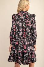 Black Floral Print Long Sleeve Shirt Dress