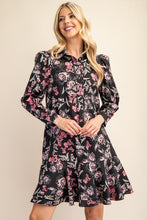 Black Floral Print Long Sleeve Shirt Dress