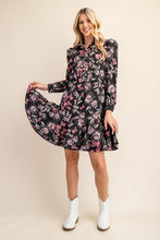 Black Floral Print Long Sleeve Shirt Dress