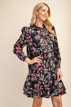 Black Floral Print Long Sleeve Shirt Dress