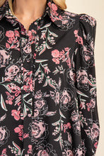 Black Floral Print Long Sleeve Shirt Dress
