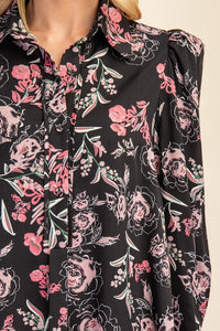 Black Floral Print Long Sleeve Shirt Dress
