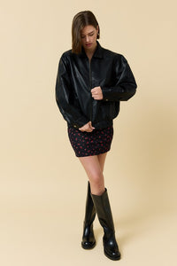 Black Pebble Grain Faux Leather Zip Up Blouson Jacket