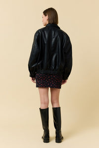 Black Pebble Grain Faux Leather Zip Up Blouson Jacket