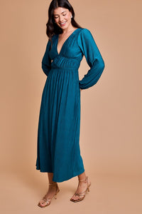 Teal Deep V-Neck Long Sleeve Maxi Dress